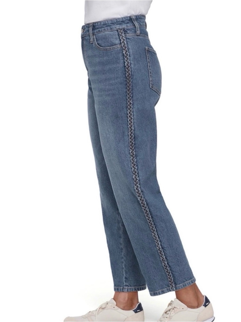 Express Blue Cropped Straight Jeans with Braided Side Trim